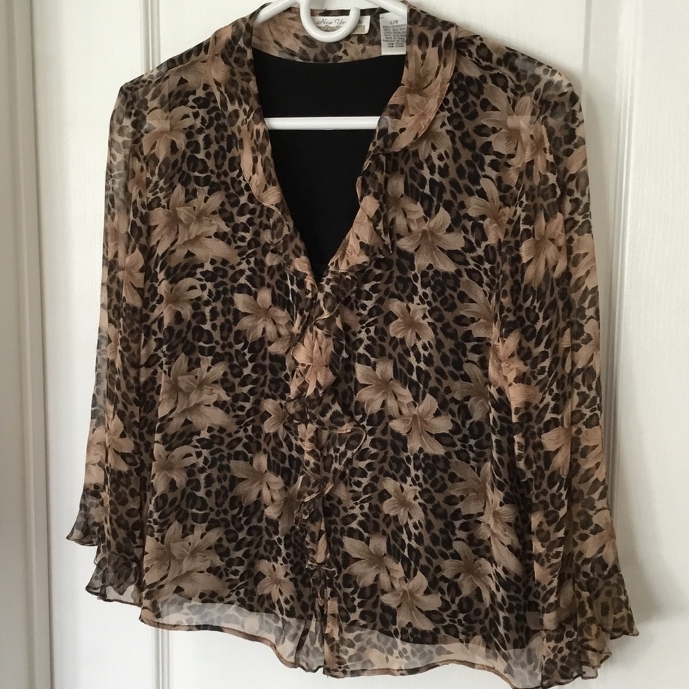 100% Silk Sheer Floral Leopard Print Blouse - Beige/Black
